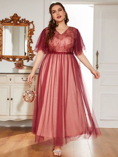 

plus beaded flutter sleeve mesh overlay prom dress z72q#, Black