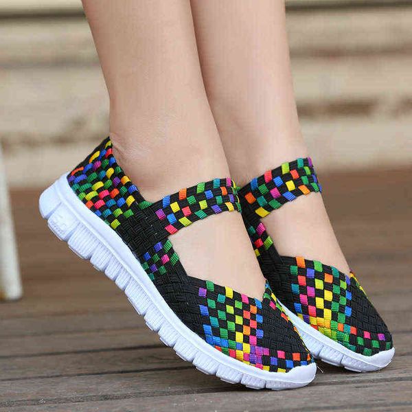 

women's loafers casual shoes spring comfortable sneakers woven breathable flat shoes outdoor hook&loop slip on girls sandal y2207012, Black