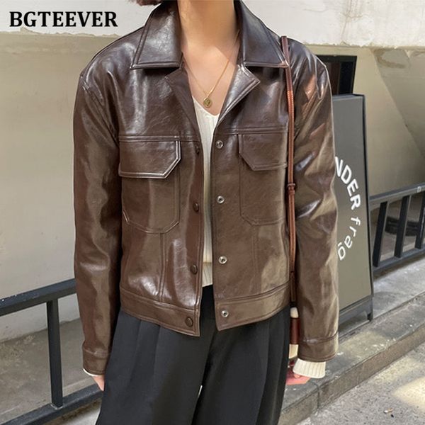

streetwear turn-down collar pu leather jacket for women full sleeve single-breasted ladies coats 2021 autumn winter, Tan;black