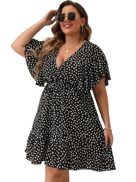 

plus allover print butterfly sleeve ruffle hem dress d7l8#, Black