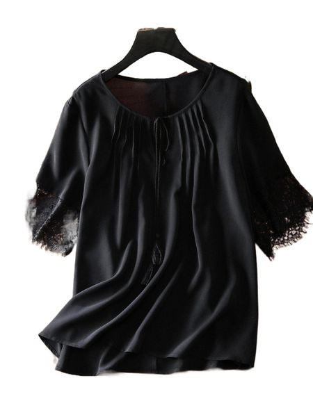 

plus contrast lace plicated detail tie front fringe blouse q2nd#, Black