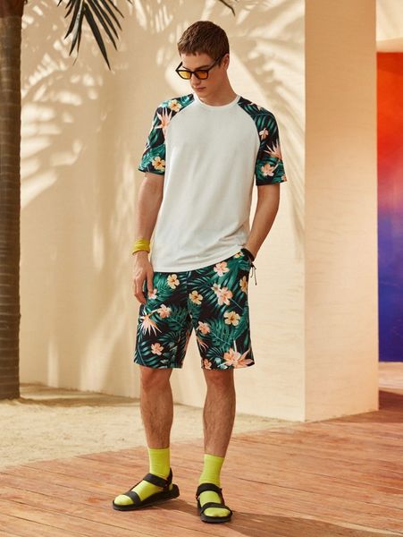 

men tropical print raglan sleeve tee & shorts c55l#, Gray