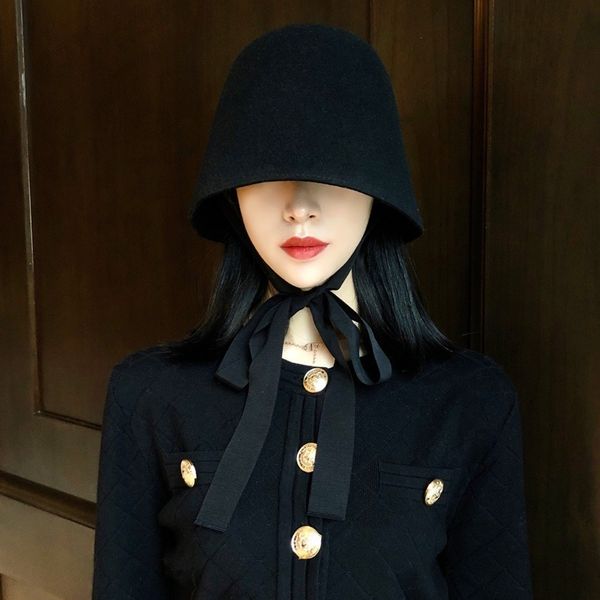 

11-8848panshi-france style autumn winter elegant straps wool lady bucket cap women fishermen hat 220325, Blue;gray