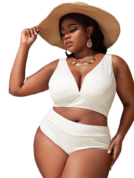

plus textured cut out back high waist bikini swimsuit 40e4#, White;black