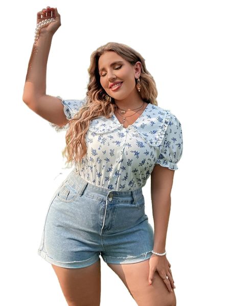 

plus floral print peter-pan collar puff sleeve blouse 95yp#, Black