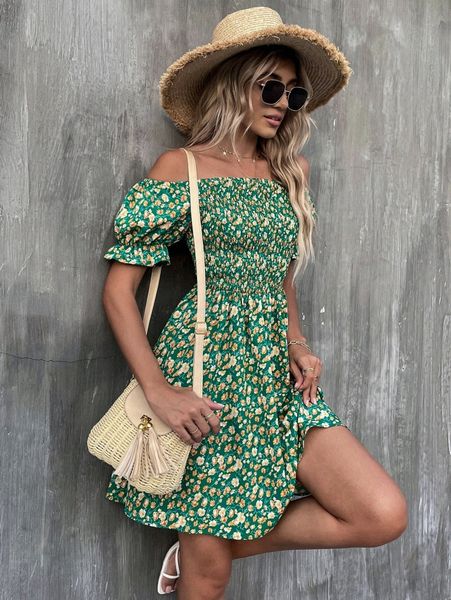 

allover floral print off shoulder shirred dress e10e#, Black;gray