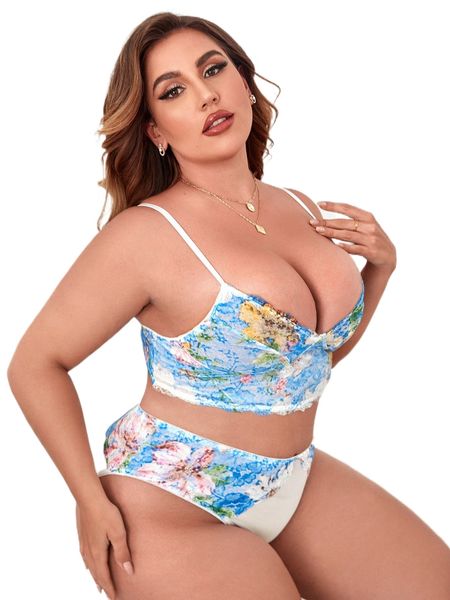 

plus floral lace lingerie set j7rd#, Black;white