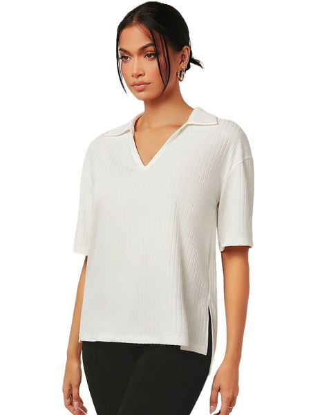 

solid drop shoulder split hem tee h7uc#, White