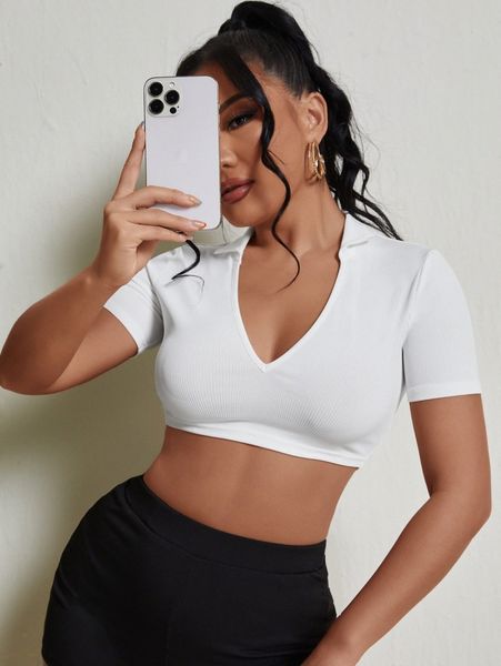 

sxy solid rib knit deep v neck crop tee r6di#, White