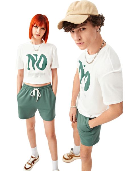 

1 pc letter graphic round neck tee t9b1#, White;black