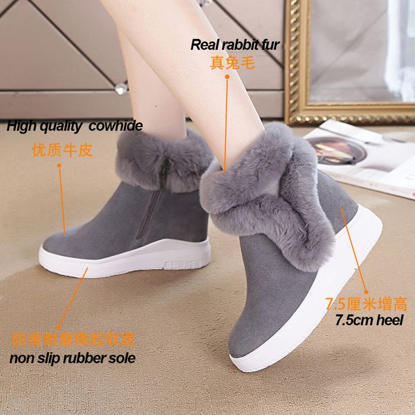 

women boots snow warm genuine leather rabbit fur internal increase platform high heels non-slip keep warm shoes 2020 new, Black