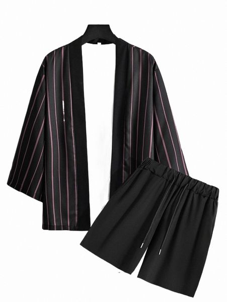 

men striped kimono & drawstring waist shorts without tee c5zf#, Gray