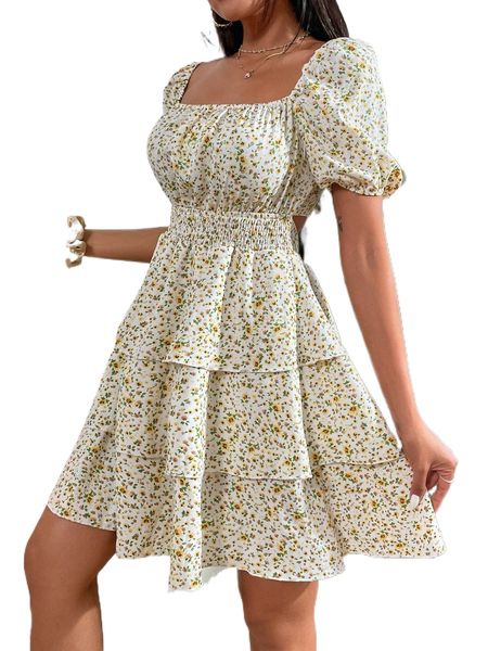 

ditsy floral print shirred layered hem dress d3sy#, Black;gray