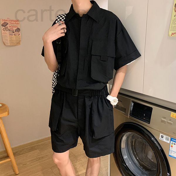 

men's casual shirts designer yamamoto style dark work clothes short sleeved shirt loose design sense of minority black hong kong style, White;black