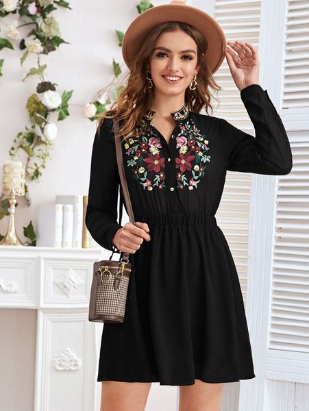 

stand collar floral embroidery dress m0b4#, Black;gray