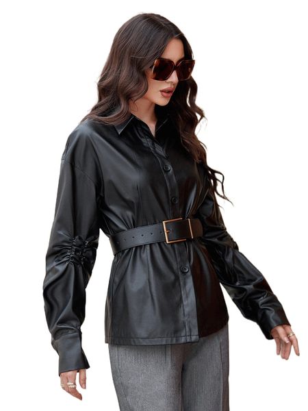 

x farah ruched drop shoulder pu leather coat without belt c1lj#, Black