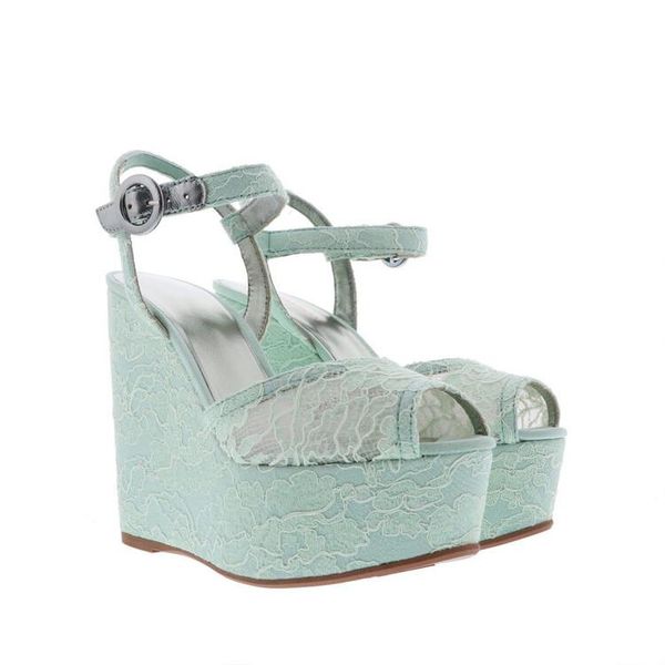 Lady Sheepskin Leather 2022 Sexy Ladies Wedge High Sandals Sapatos Sapatos de Lace Lace Open Toe Peep-toe Europa e América A Festa de Casamento de Flores de Flores Catconia Tamanho 3184