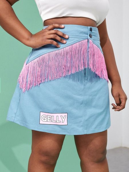 

x gelly plus letter graphic fringe trim skirt j6m7#, Black