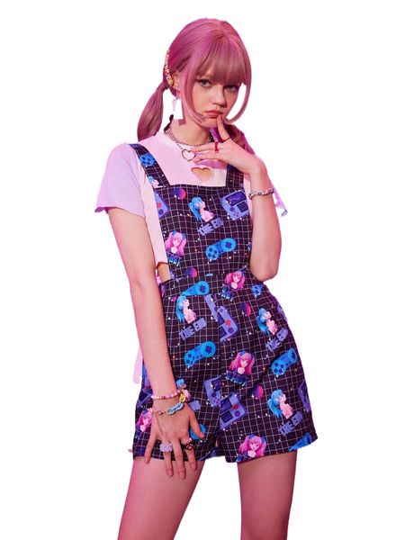 

romwe anime letter cartoon print plaid pinafore romper f5yg#, Black;white