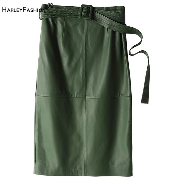 Harleyfashion Winter Women Luxury Pu кожаная юбка High Street Green Khaki Black Sheap Подлинный кожаный штрих прямая юбка LJ201103