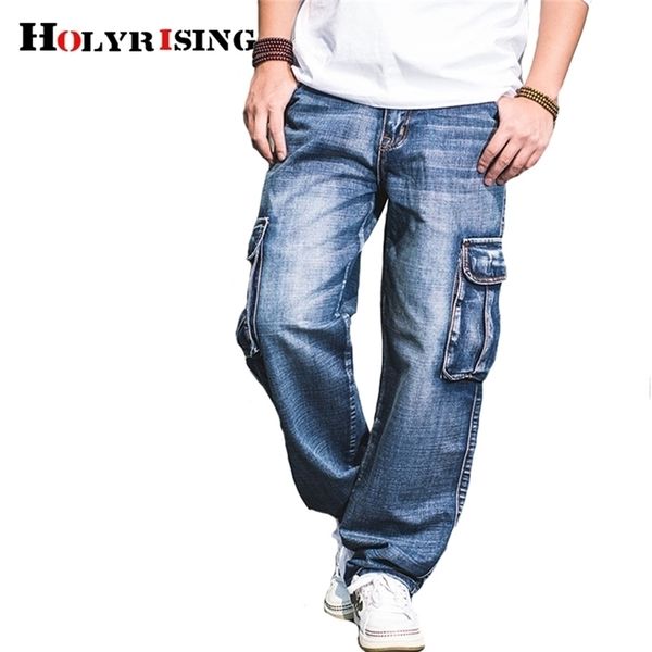 

holyrising men jeans pants casual cotton denim trousers multi pocket cargo jeans men fashion denim pants big size 18665-5 201128, Blue