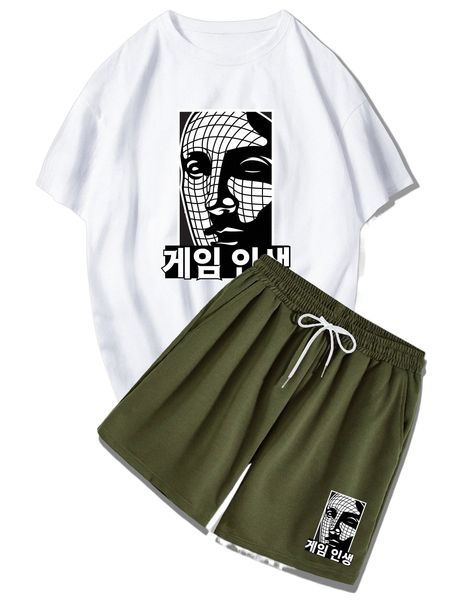 

romwe guys figure graphic tee & drawstring shorts q4wx#, Gray