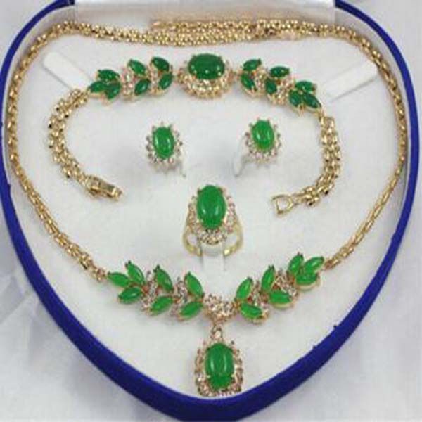 Grün/ blau/ rot Jade 18K Gold plattiert Schmuck Set Ohrringe Armband Halskette Ring für Frau