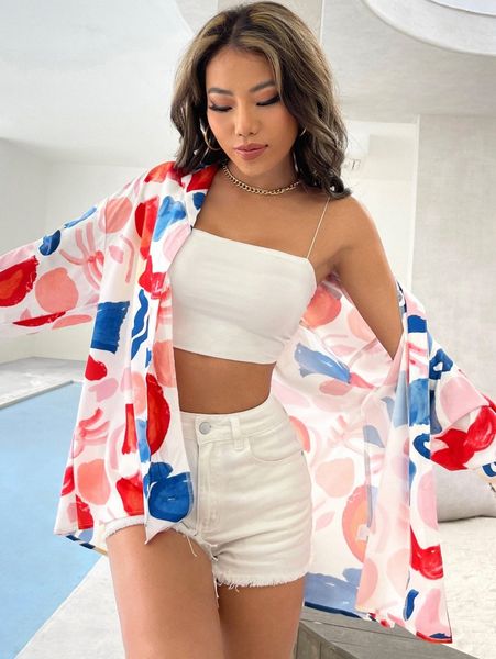 

graphic print button front blouse t2u0#, White