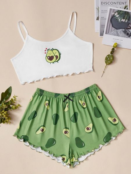 

cartoon fruits graphic lettuce trim pajama set b6px#, Black;red