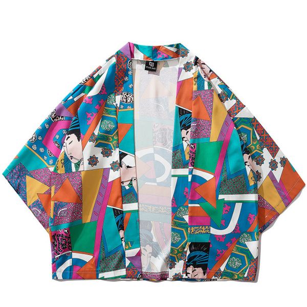 

color block patchwork yukata haori men japanese kimono cardigan clothing jacket womens ukiyoe kimono shirt traditional thin robe, Red