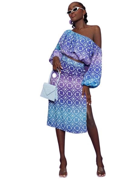

newness allover print asymmetrical neck lantern sleeve crop blouse 14ri#, White