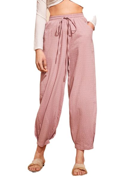 

high waist drawstring tapered pants k3ur#, Black;white