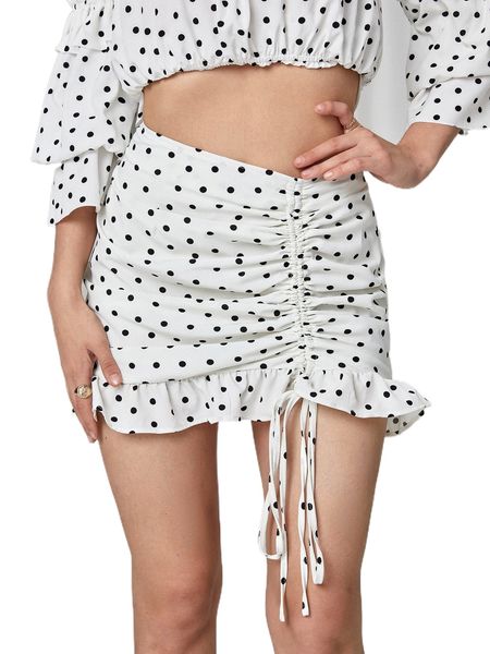 

polka dot print drawstring ruched ruffle hem skirt s8kc#, Black