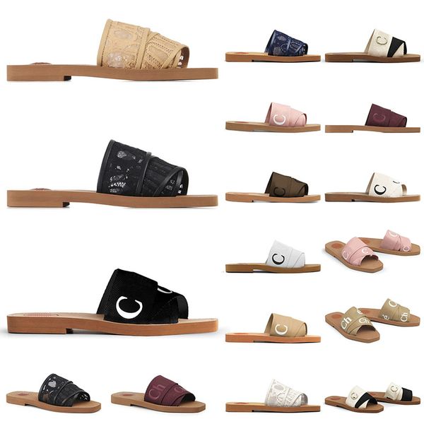 

designer luxury womens slippers woody flat mule in canvas summer rubber sandals beach sliders woven peep toe lady casual letter stylist shoe, Black