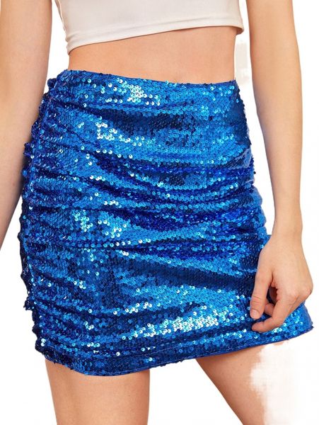 

high waist ruched side sequins bodycon skirt q8bh#, Black