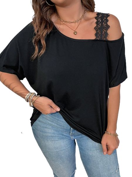 

plus guipure lace detail asymmetrical neck dolman sleeve tee t79b#, Black