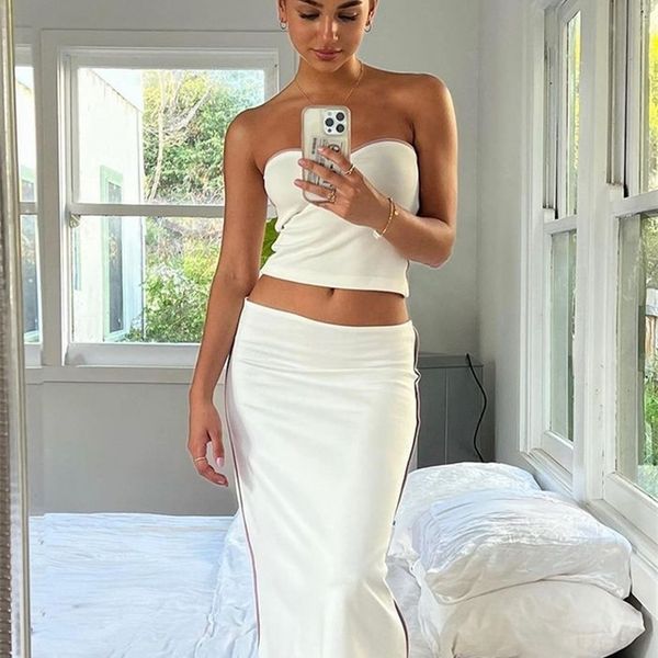 

jacuqeline summer y2k elegant midi skirt set women and strapless tank split dress 2 pieces sets casual party club 220620, White