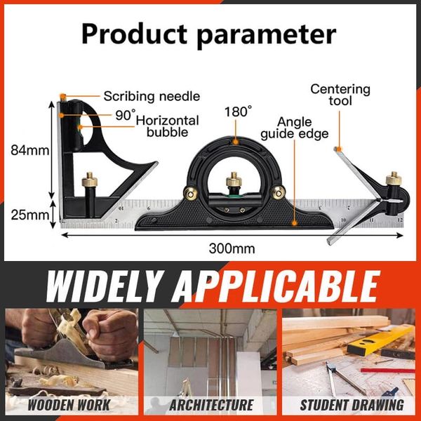 Righello regolabile 3 in 1 Goniometro ad angolo quadrato multi-combinazione Goniometro da 30 cm Set di righelli ad angolo 180° Strumenti di misurazione per la lavorazione del legno