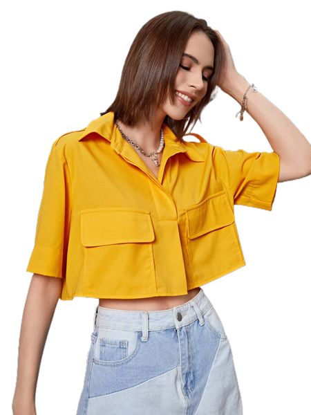 

flap pocket button up shirt 75ki#, White