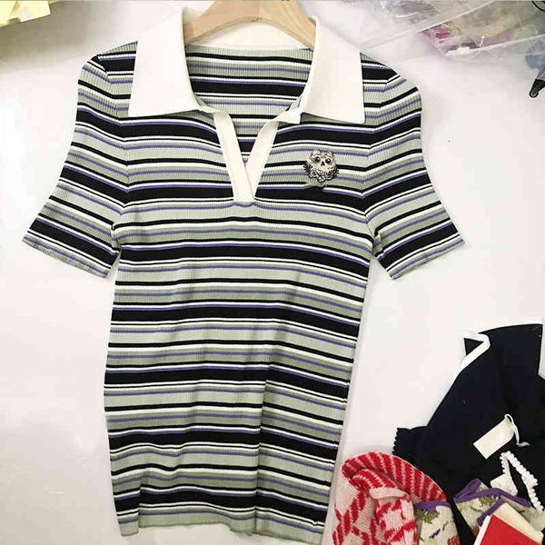 

women's knits & tees lazy wind stripe short sleeve t-shirt women's summer korean slim v-neck half top, White