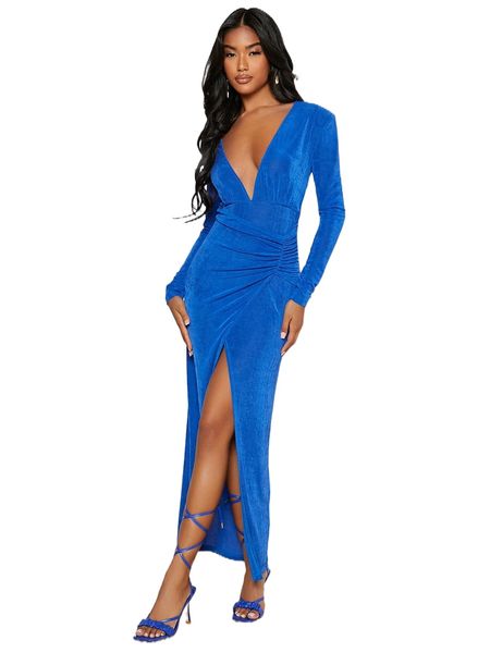 

plunging neck split thigh dress t387#, Black;gray