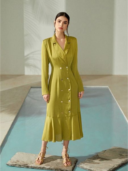 

lapel neck double breasted ruffle hem dress p6xr#, Black;gray