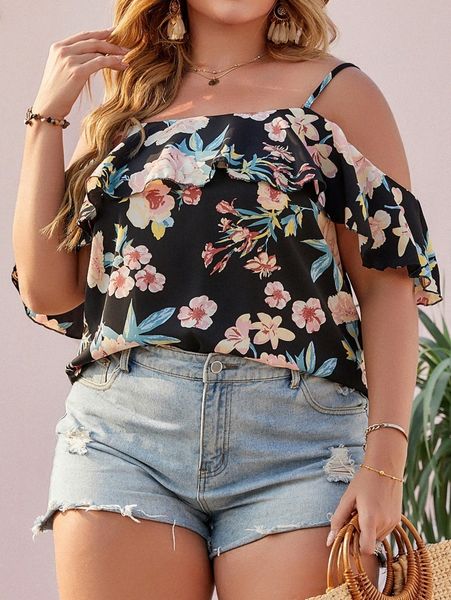 

plus floral print cold shoulder blouse z00p#, Black