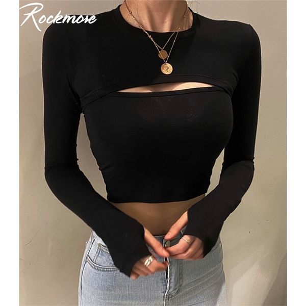 

rockmore hollow out t shirt and cami crop womens harajuku long sleeve streetwear basic women tight tees 2 piece suit 220328, White