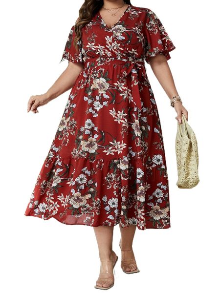 

plus allover floral print butterfly sleeve belted dress n9hk#, Black