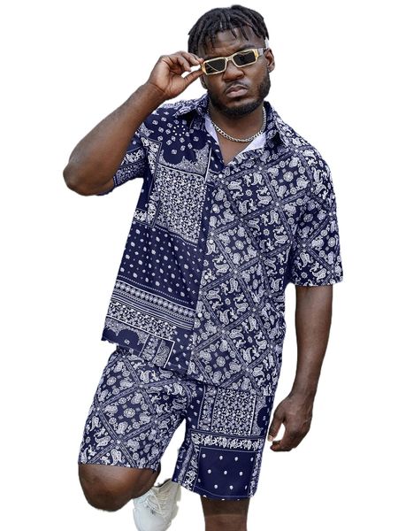 

extended sizes men paisley print shirt & shorts g2e6#, Gray