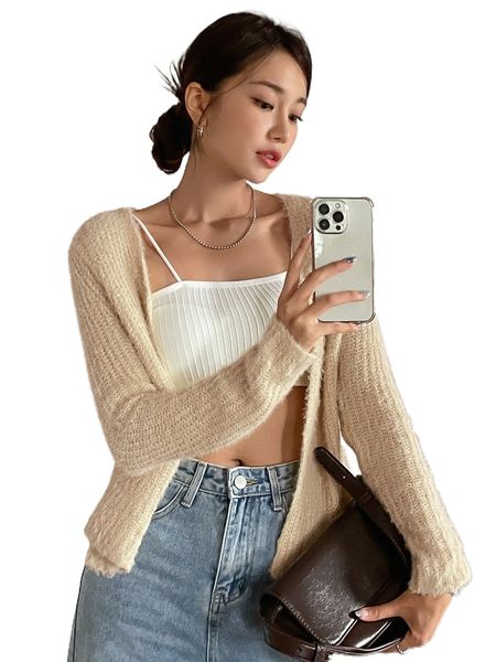 

dazy solid fluffy knit cardigan l9xe#, White;black