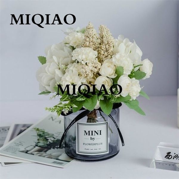 Miqiao Glass Bottle Fake Rose Flower Gerbera Daisy Plástico artificial para Casamento Acessórios para casa Decoração Decoração LJ200910