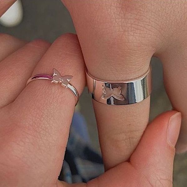 Silberne Farbe Schmetterlingsringe für Frauen Männer Liebhaber Paar Set Freundschaft Engagement Ehering Open Trend Schmuck 220719