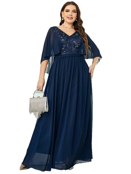 

plus floral embroidered contrast sequin cloak sleeve chiffon bridesmaid dress 10kt#, Black